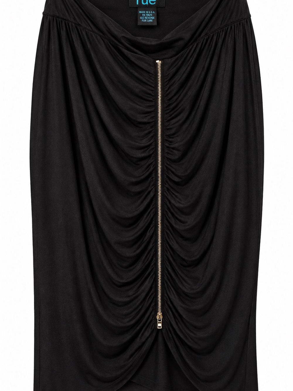 Black Ruched Midi Skirt with Central Gold Zip